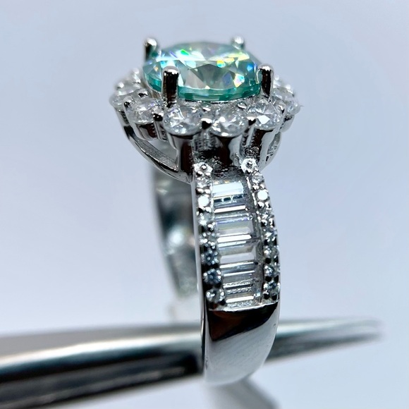Moissanite Halo Ring Aqua Blue Center & Baguette Accents 18K White Gold Finish - Picture 10 of 16